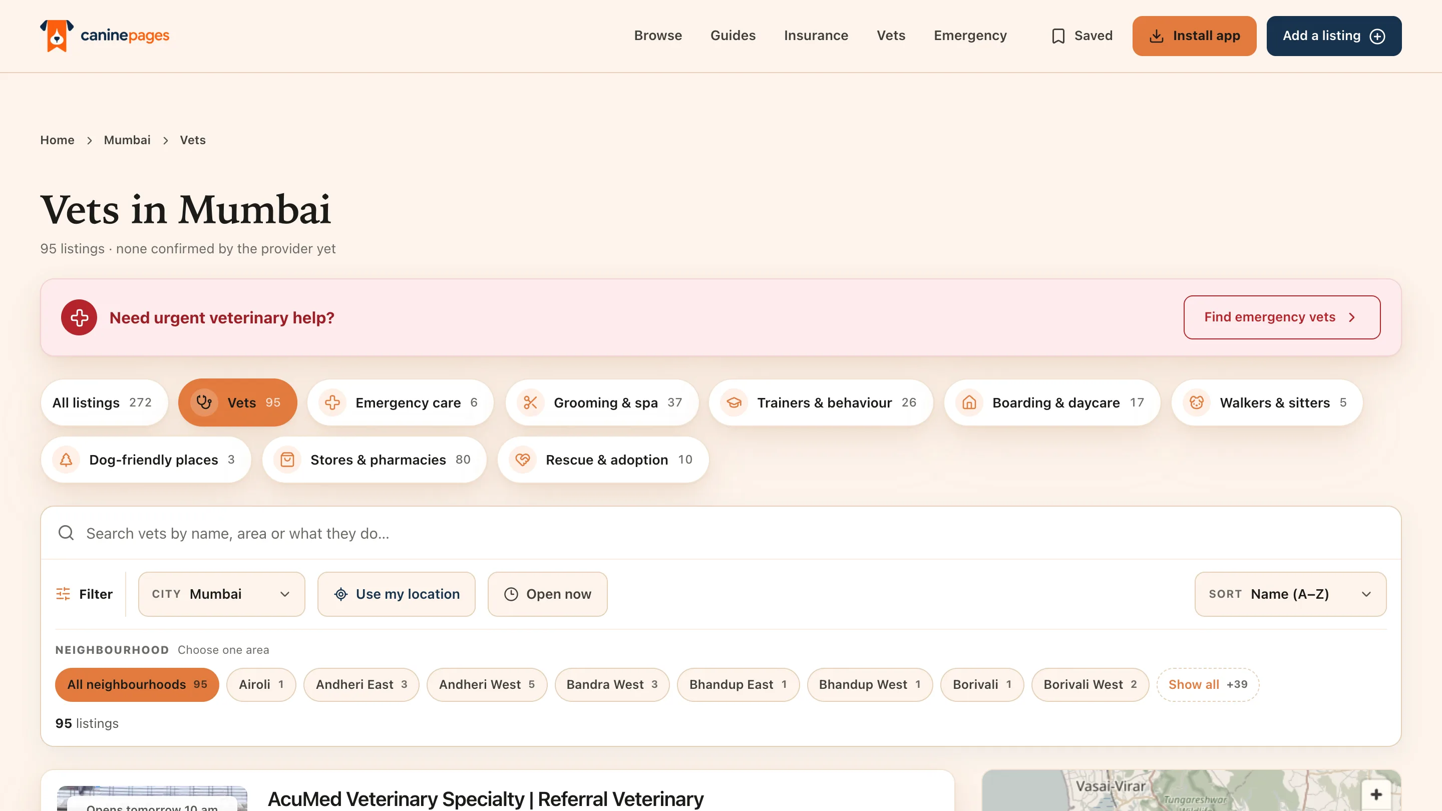 CaninePages category page listing 95 vets in Mumbai, with a subheading reading "none confirmed by the provider yet", an urgent-help banner, category chips, and neighbourhood filters for Airoli, Andheri East, Andheri West, Bandra West and others