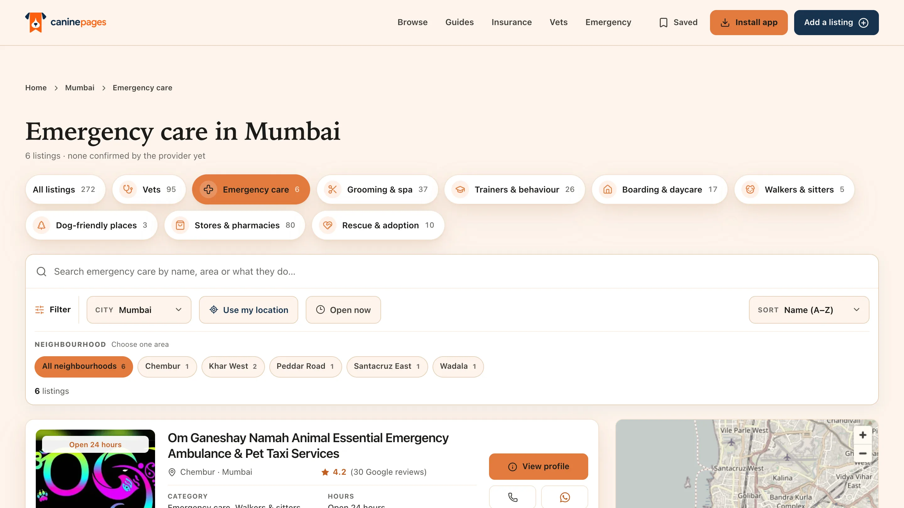 CaninePages emergency care page for Mumbai showing six listings, a 24-hour ambulance and pet taxi service marked Open 24 hours, a "Known for: Not available" field, and a badge reading 6 at 1 to 2 stars