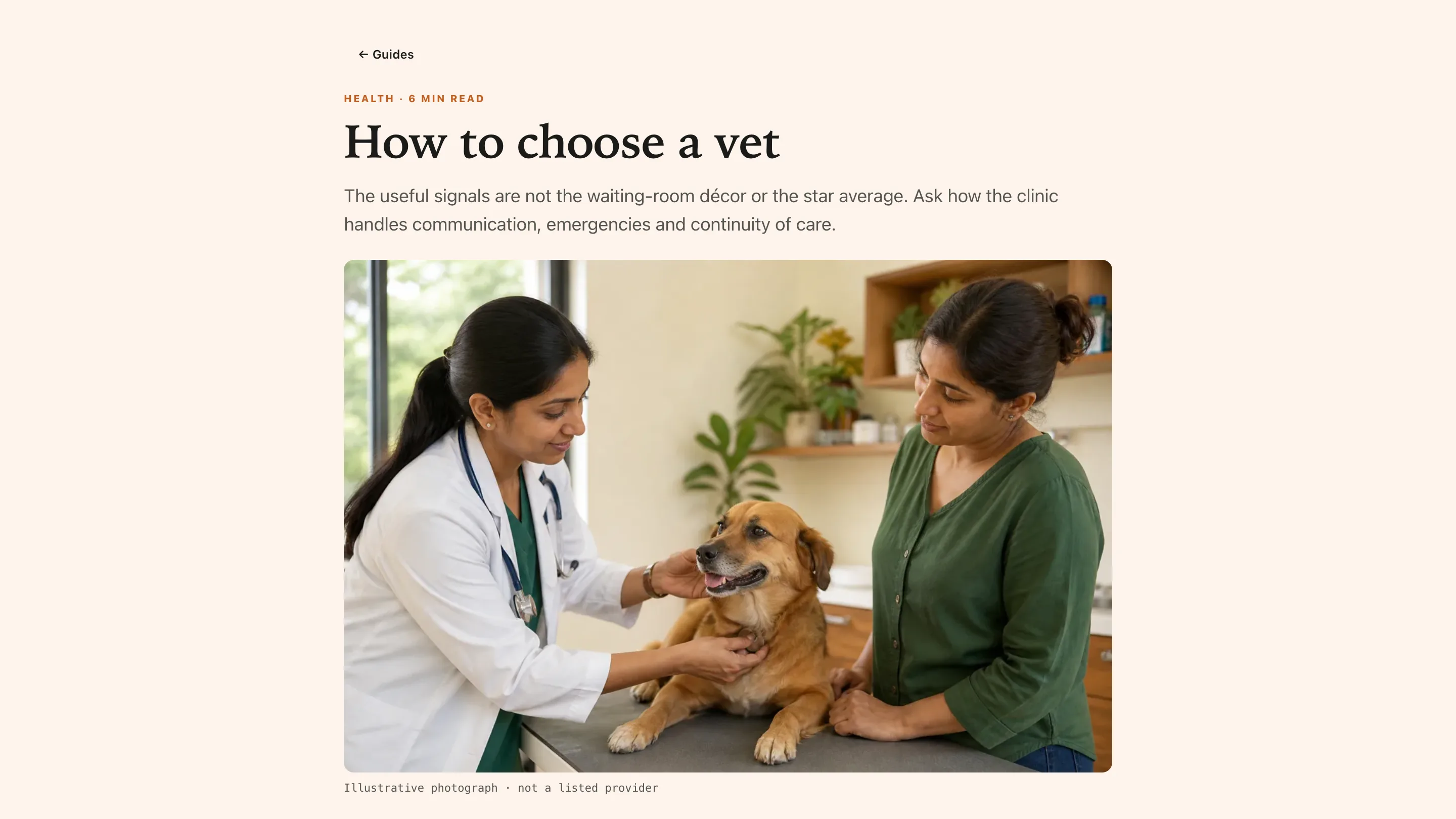CaninePages guide titled "How to choose a vet" with a six minute read time, a photograph of a vet examining a dog while its owner watches, and a caption reading "Illustrative photograph · not a listed provider"
