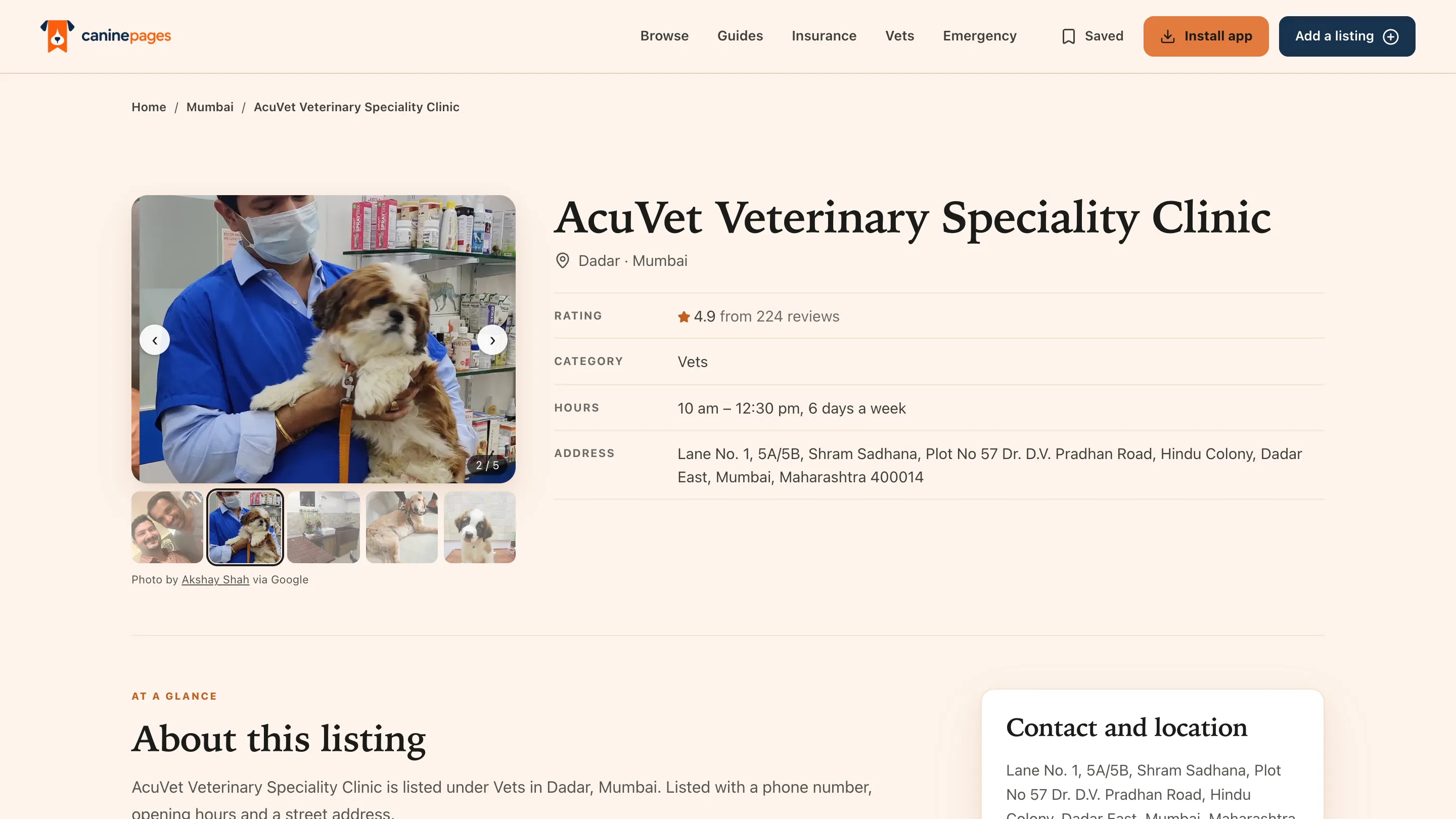 CaninePages listing page for AcuVet Veterinary Speciality Clinic in Dadar, Mumbai, showing a photo gallery credited to a Google contributor, rating, category, hours, full address, and a contact and location card with a call button