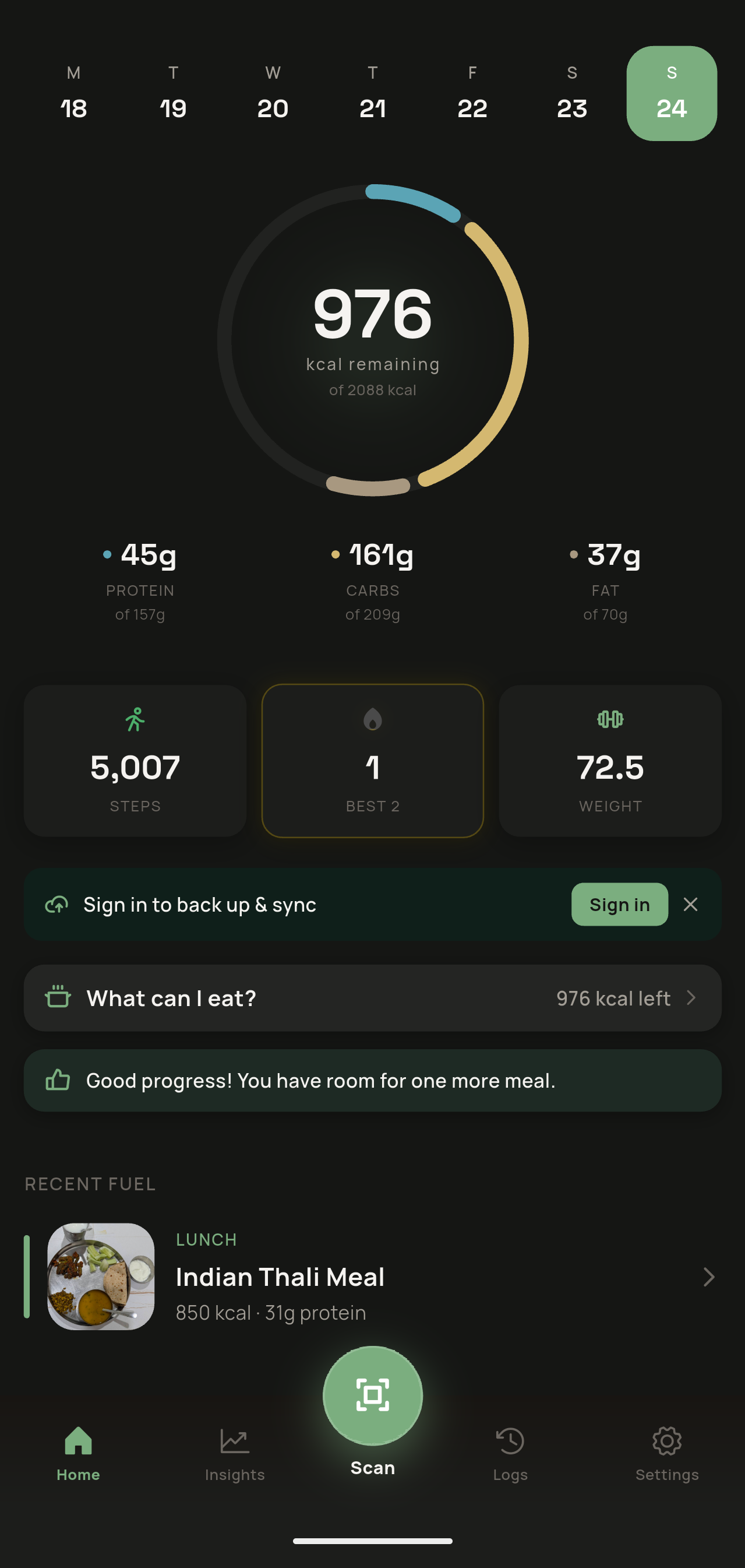 FuelNote home screen for quickly logging a meal