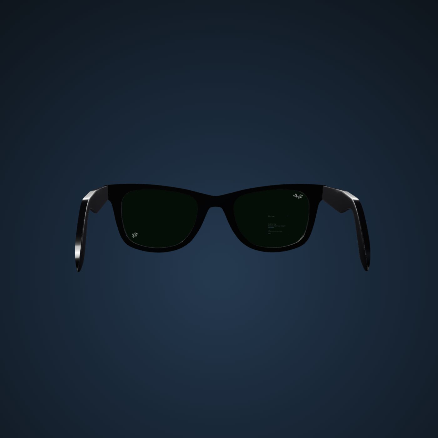 The Ray-Ban Meta frames rendered in three dimensions, temples toward the viewer, with the interpreter display lit inside the right lens