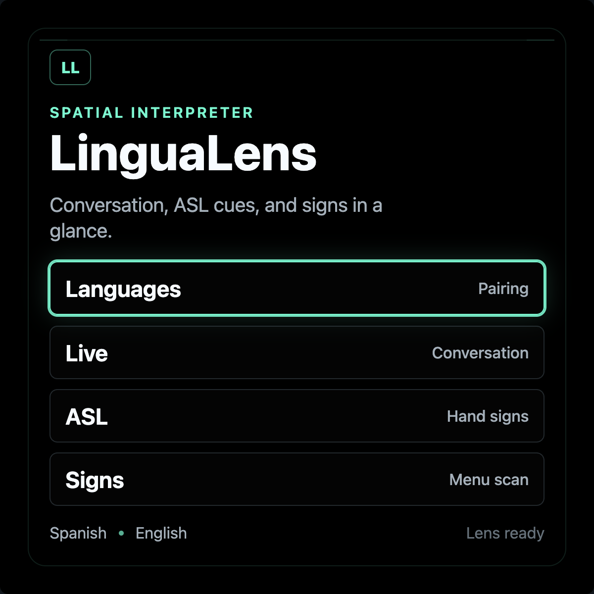 LinguaLens home screen listing Languages, Live, ASL and Signs, with the Spanish and English pairing shown at the foot