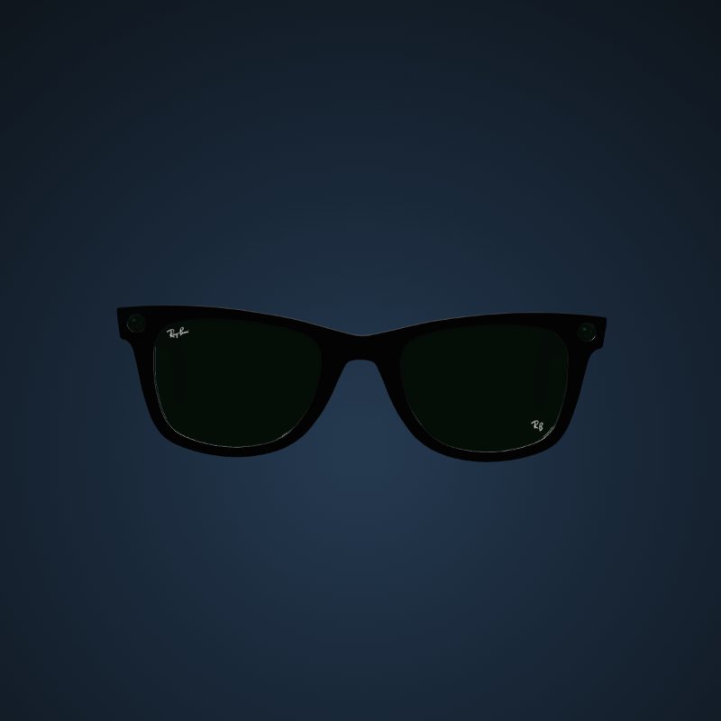 The Ray-Ban Meta frames rendered in three dimensions, turning to the wearing position before the camera flies into the right lens