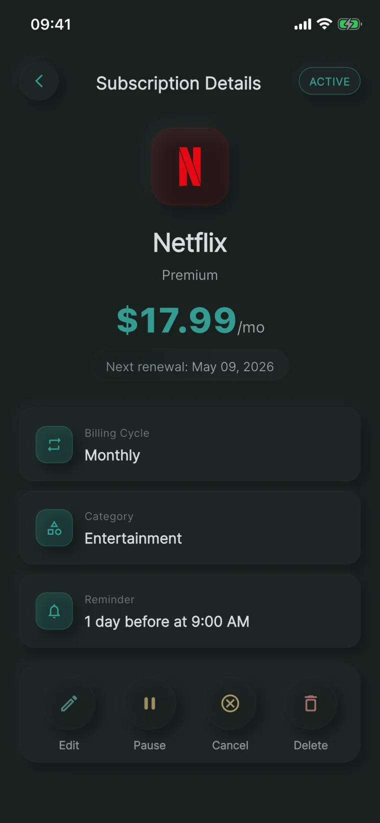 NextRenew subscription detail screen for Netflix showing price, billing cycle, next renewal date, reminder setting, and edit, pause, cancel and delete actions