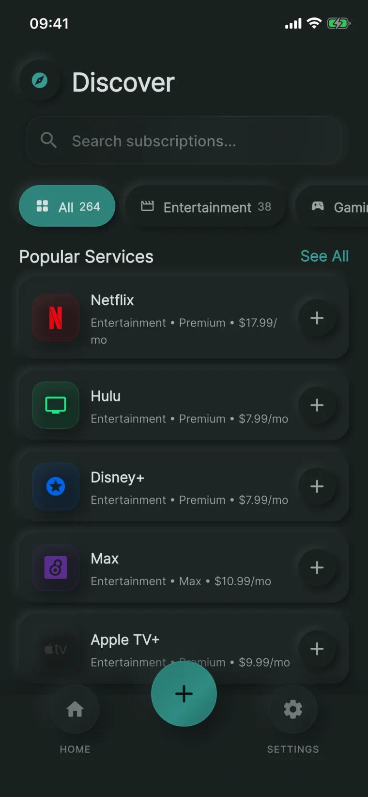 NextRenew discover screen with a searchable catalogue of 264 subscription services grouped by category, each addable in one tap