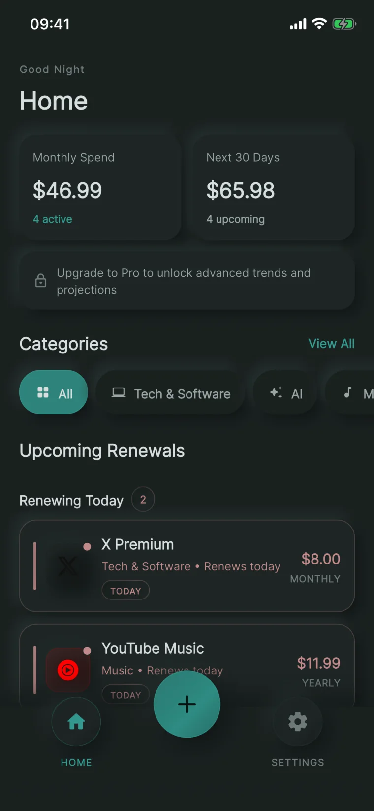 NextRenew home screen showing monthly spend, next thirty days of charges, category filters, and the subscriptions renewing today