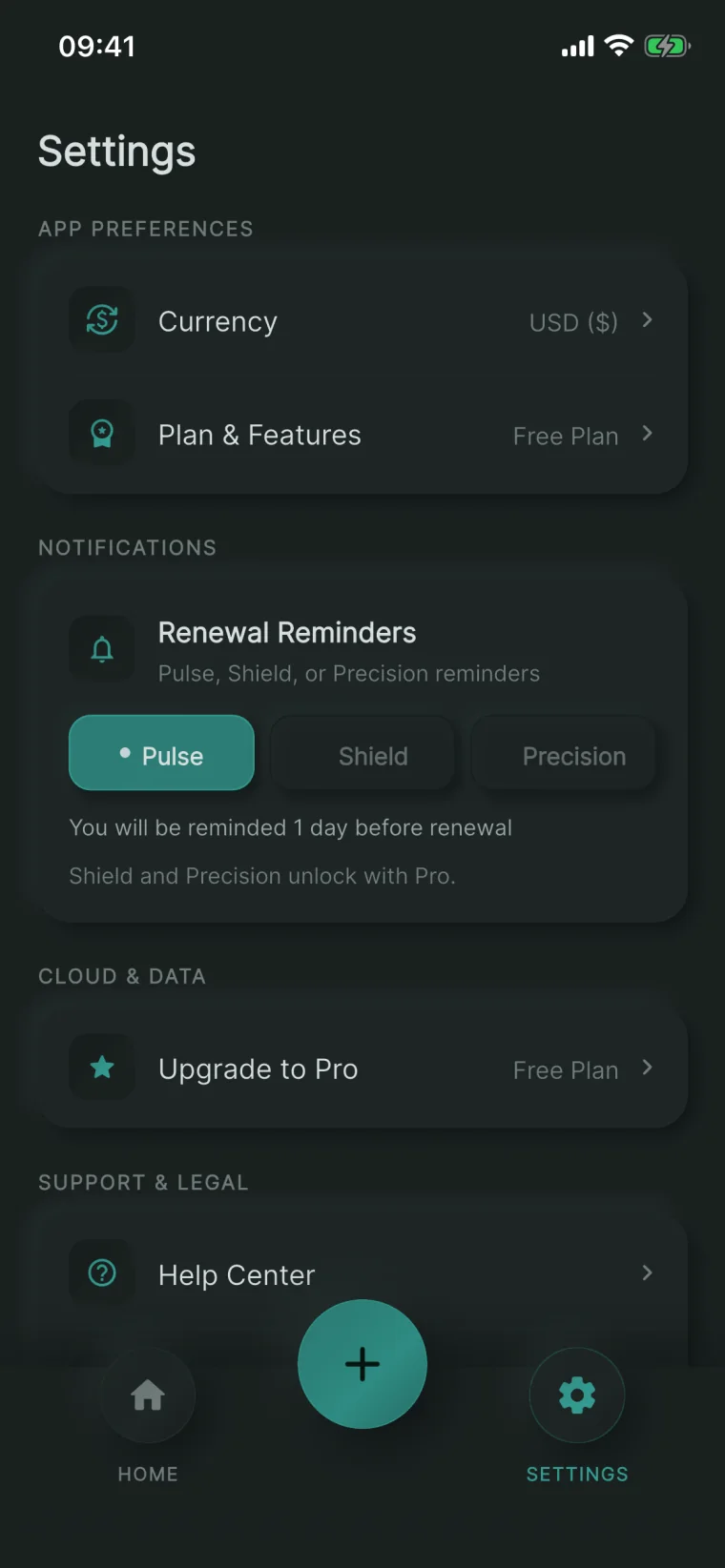 NextRenew settings screen showing currency and plan preferences alongside Pulse, Shield and Precision renewal reminder modes