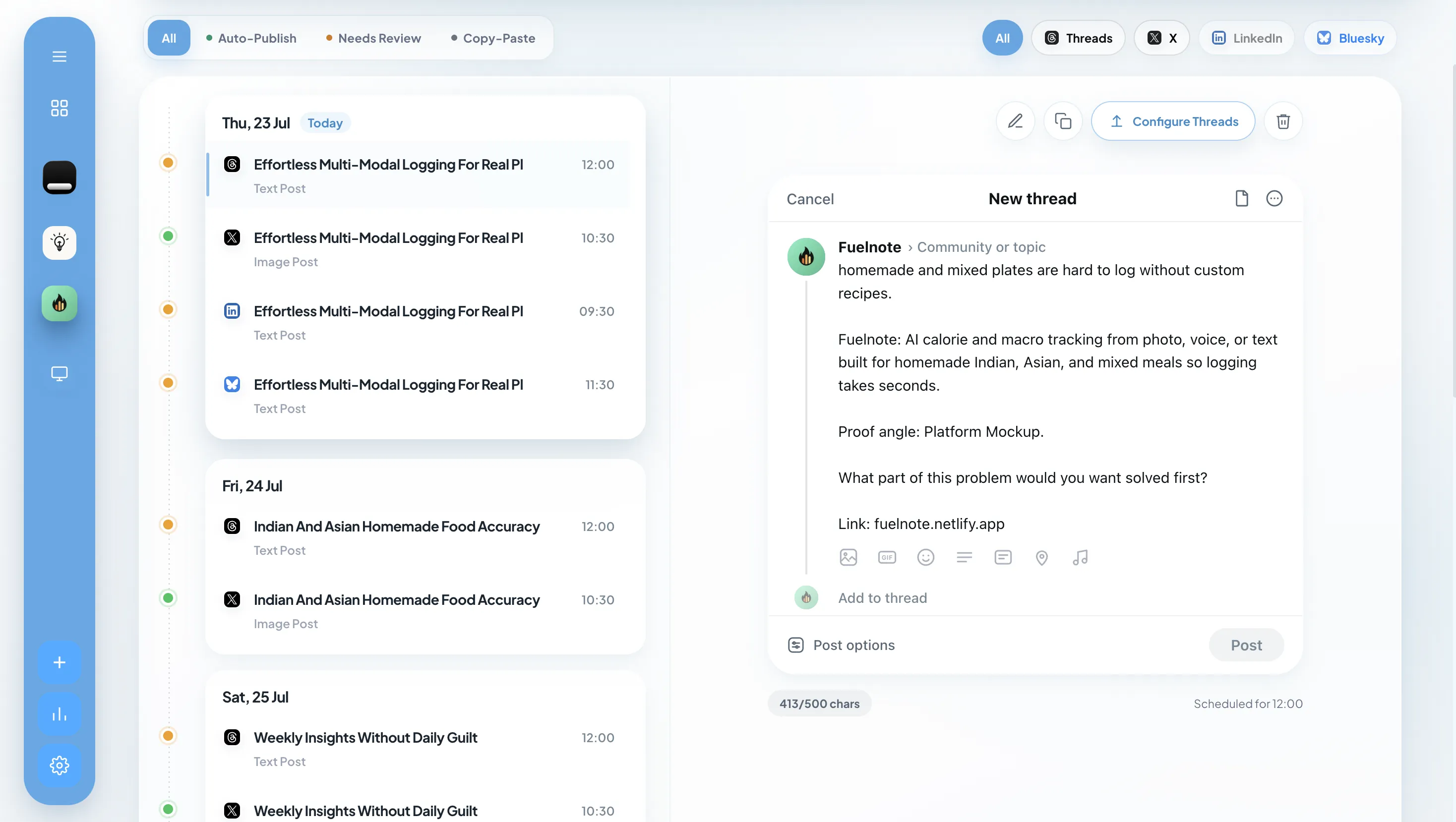 Northstar weekly content calendar with scheduled drafts and a post preview