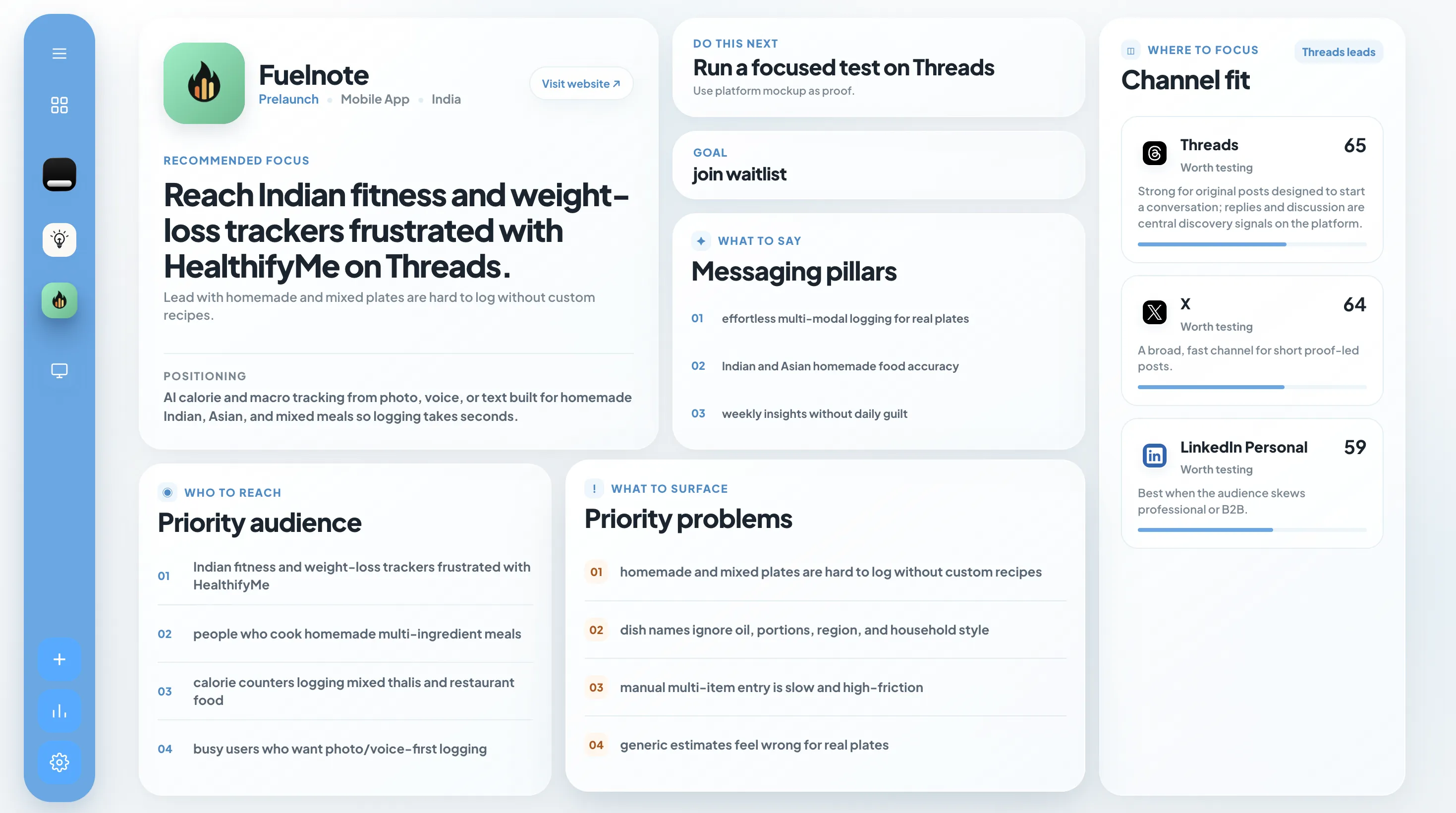 Northstar product profile with recommended focus, audiences, problems, and channel fit