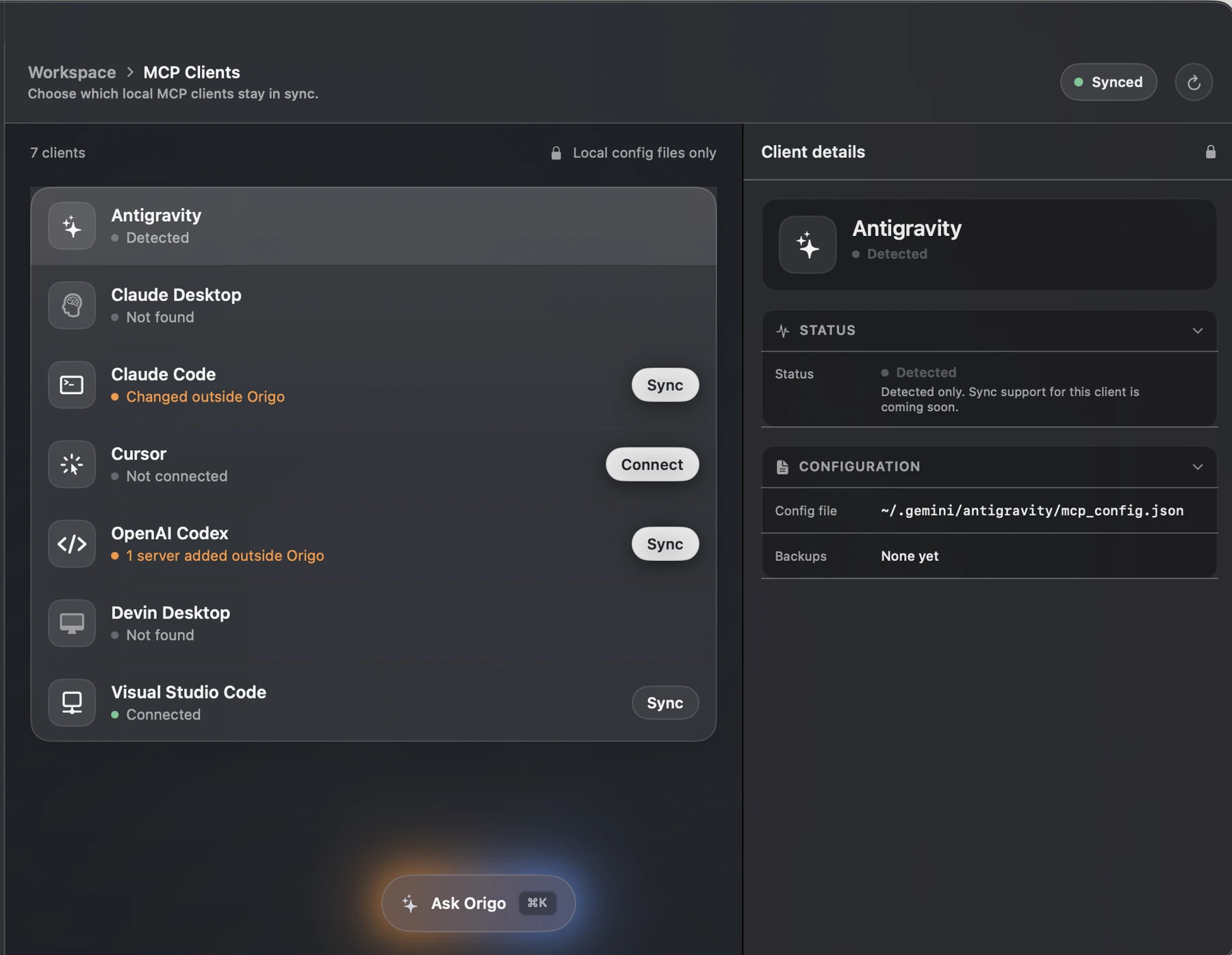 Dark-mode Origo MCP Clients screen showing detected clients, configuration drift, connection status, and synchronization controls