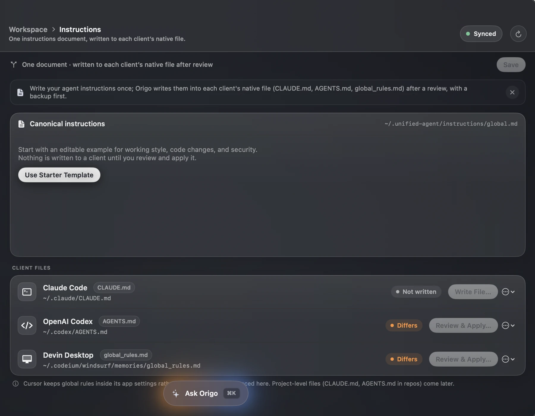 Dark-mode Origo Instructions screen mapping one canonical document to native Claude Code, Codex, and Devin instruction files