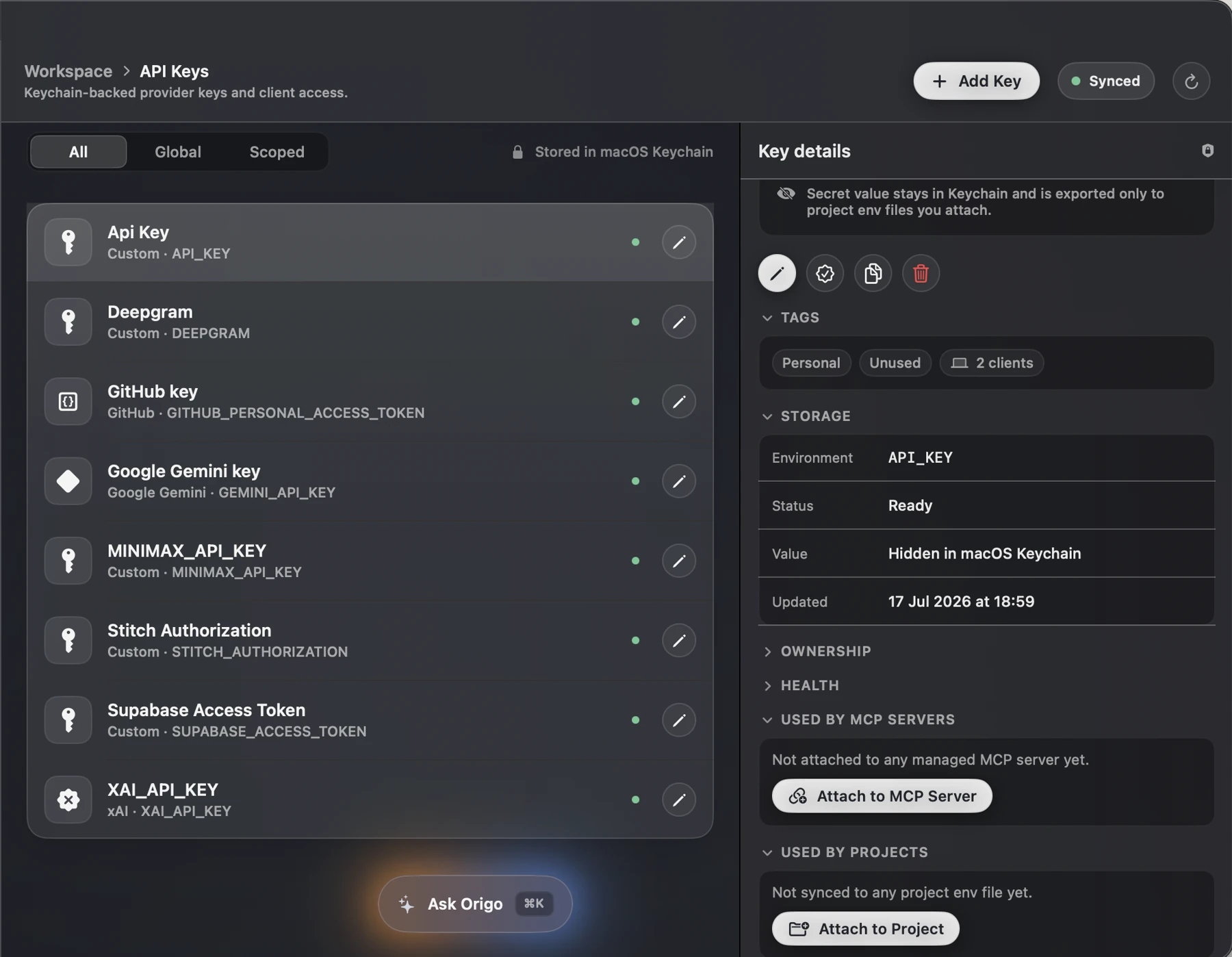 Dark-mode Origo API Keys screen showing Keychain-backed credentials, status, tags, and client relationships