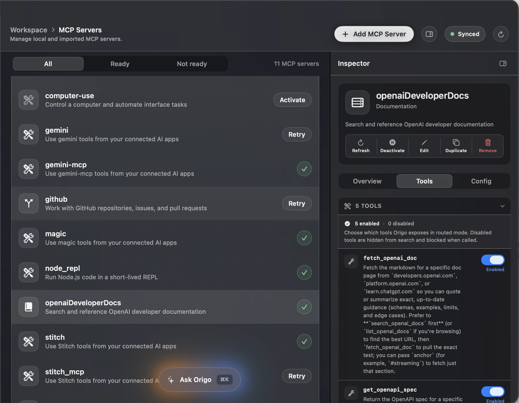 Dark-mode Origo MCP Servers screen with a canonical server list, tool controls, and detailed inspector