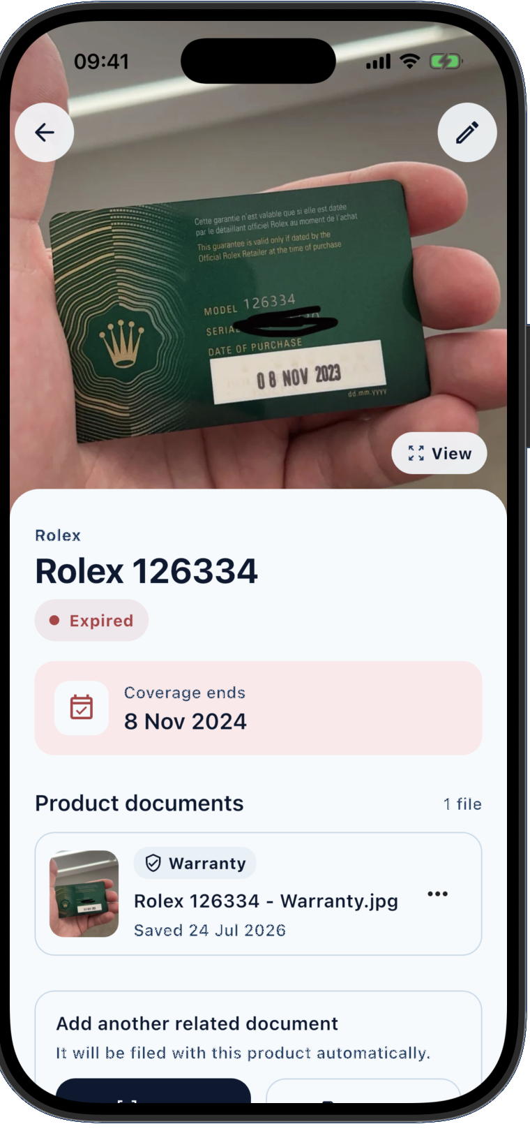 Warrantly product record for a Rolex 126334 with its warranty card, expired status, coverage end date, and original document