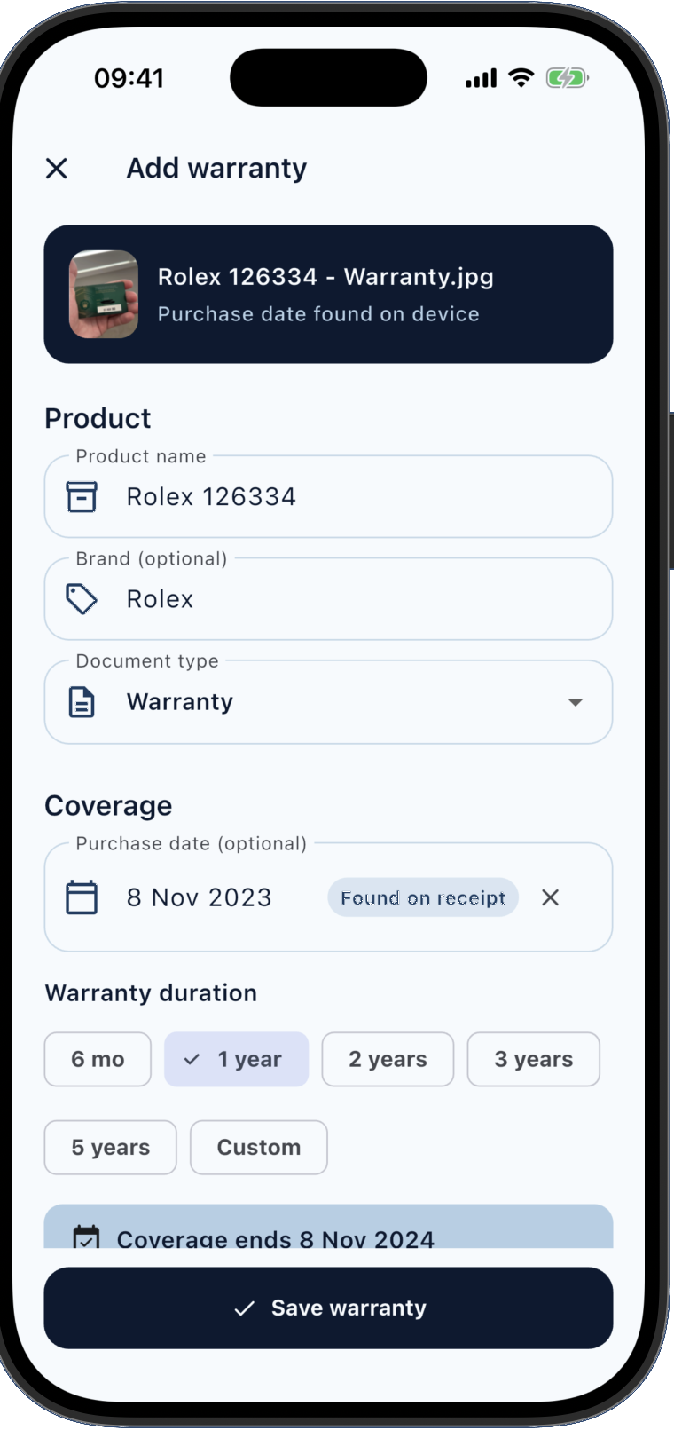 Warrantly add warranty screen with a Rolex warranty card and automatically filled product, purchase, and coverage details