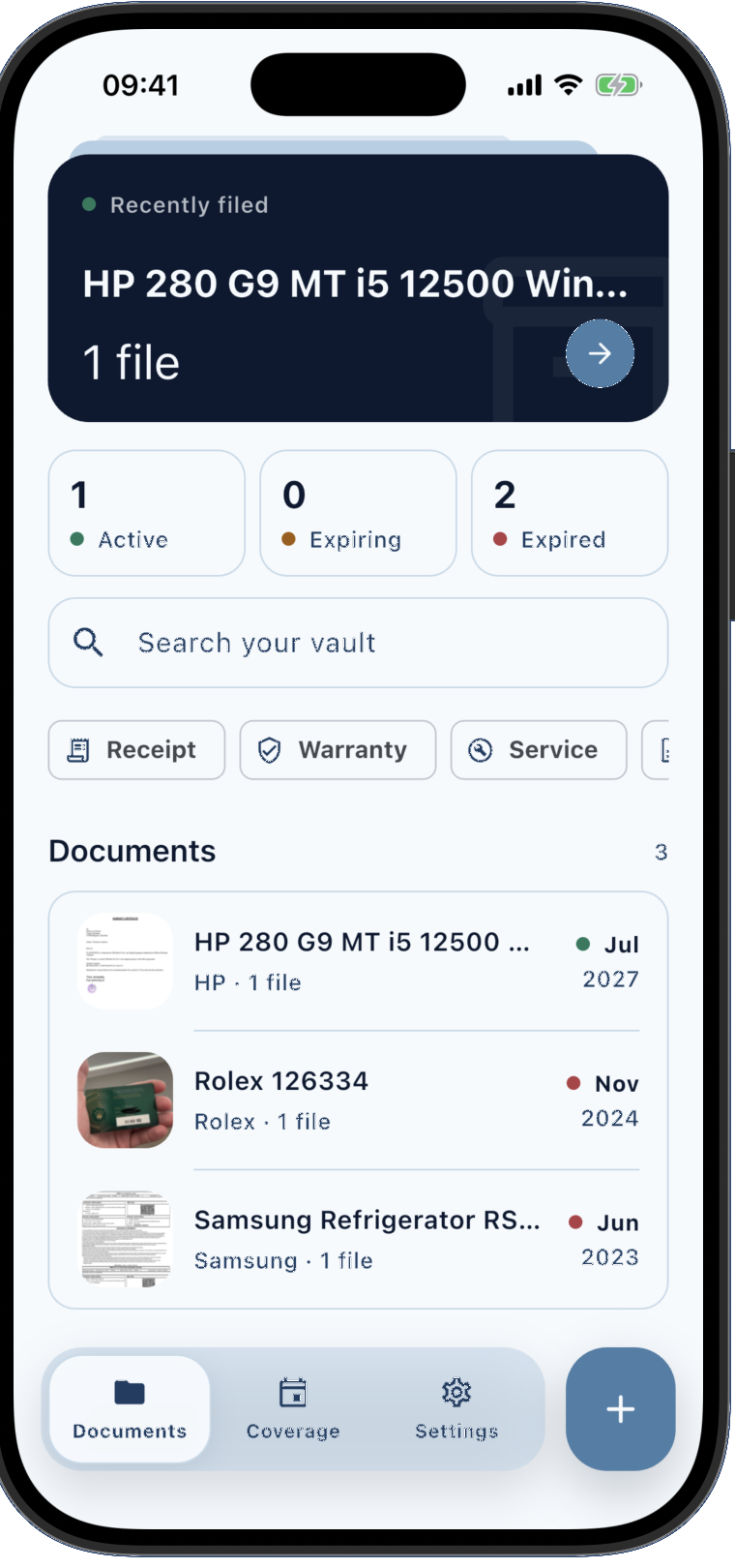 Warrantly document vault showing the saved Rolex 126334 warranty alongside other searchable product records